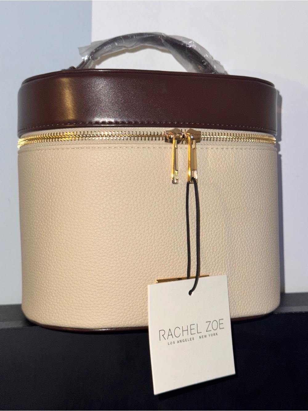 Rachel Zoe Cream and Brown Cosmetic Vanity Case with Gold Hardware